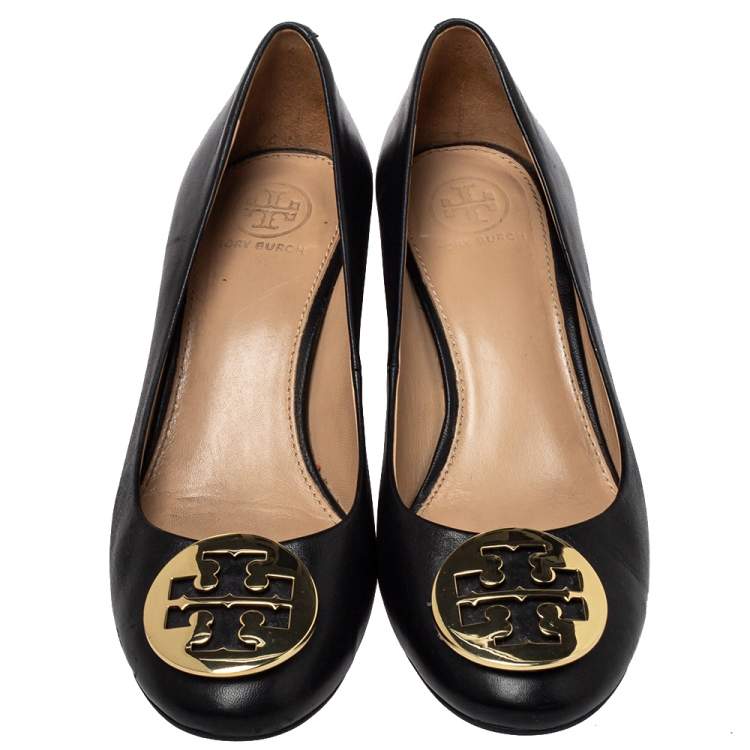 Pre Owned Tory Burch Black Leather Janey Block Heel Pumps Size 36.5