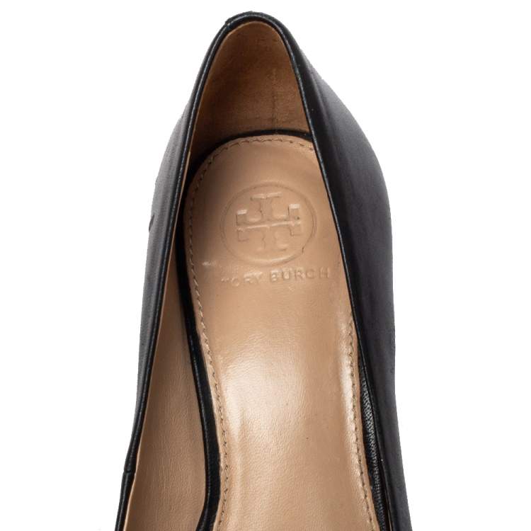 Pre Owned Tory Burch Black Leather Janey Block Heel Pumps Size 36.5