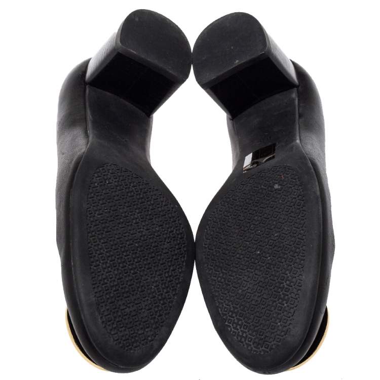 Pre Owned Tory Burch Black Leather Janey Block Heel Pumps Size 36.5