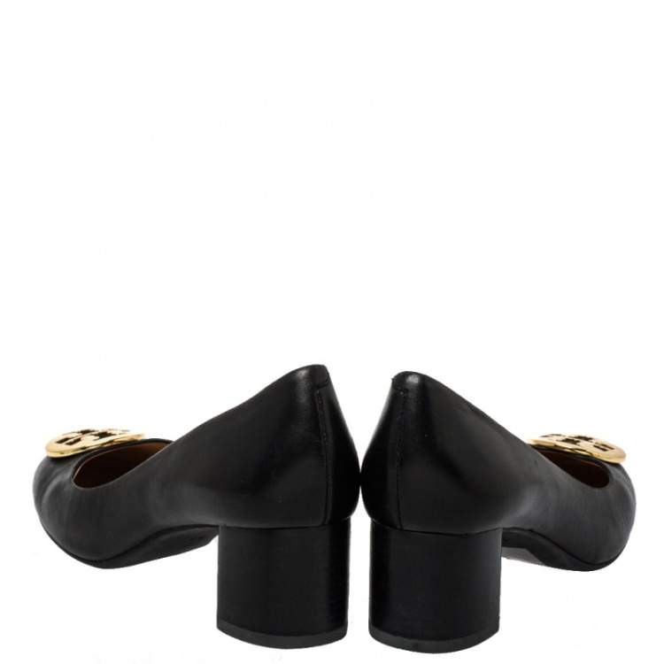 Pre Owned Tory Burch Black Leather Janey Block Heel Pumps Size 36.5