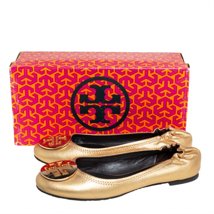 Pre Owned Tory Burch Gold Leather Reva Scrunch Ballet Flats Size 38.5