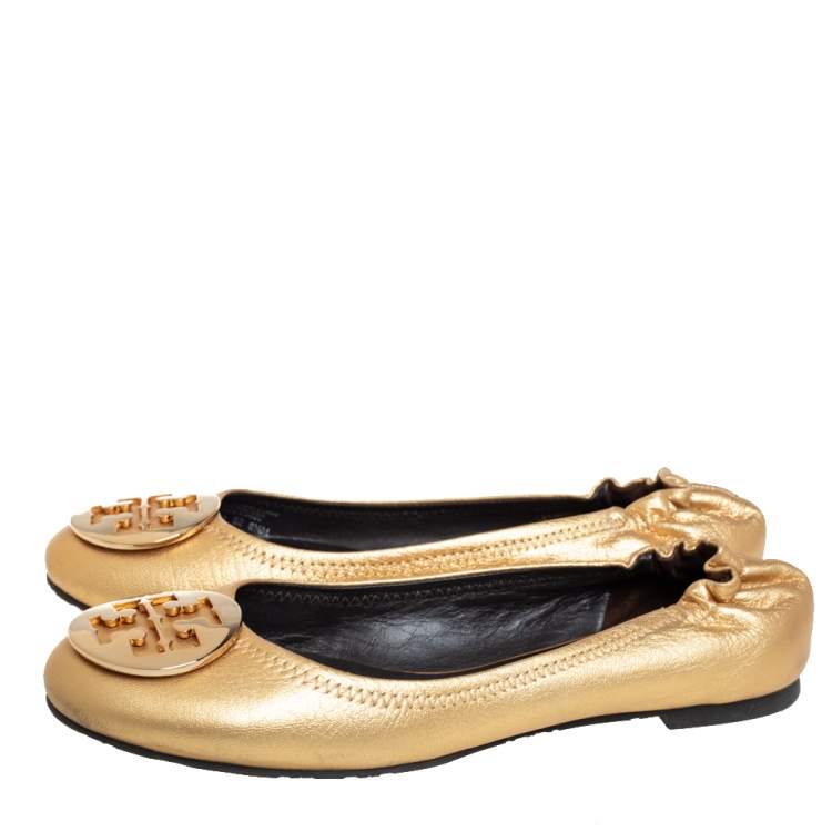 Pre Owned Tory Burch Gold Leather Reva Scrunch Ballet Flats Size 38.5