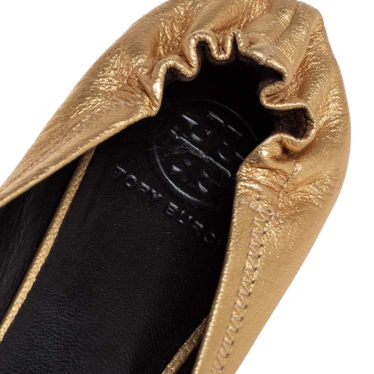 Pre Owned Tory Burch Gold Leather Reva Scrunch Ballet Flats Size 38.5