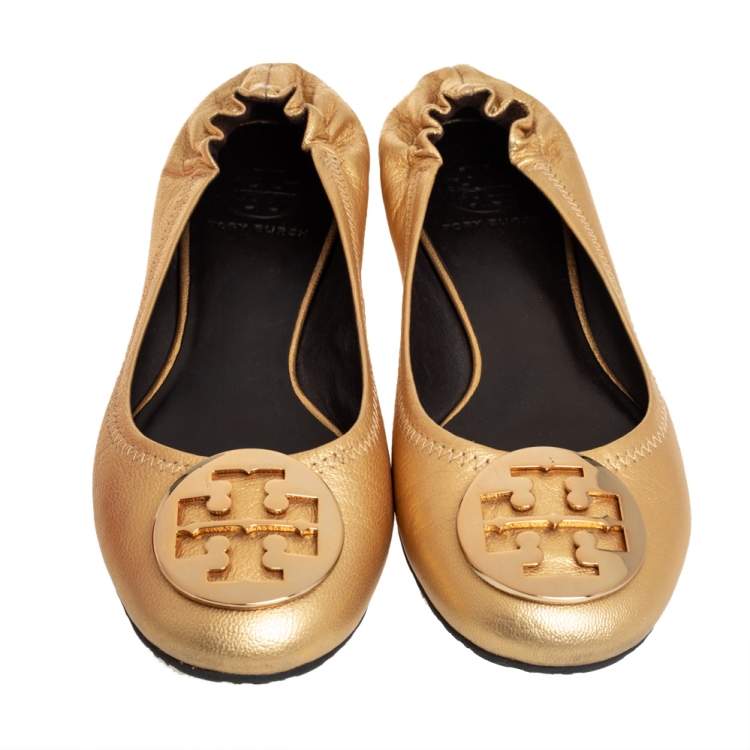 Pre Owned Tory Burch Gold Leather Reva Scrunch Ballet Flats Size 38.5