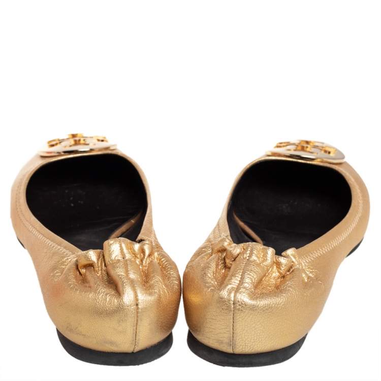 Pre Owned Tory Burch Gold Leather Reva Scrunch Ballet Flats Size 38.5