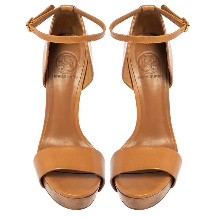 Pre Owned Tory Burch Brown Leather Ankle Strap Sandals Size 38