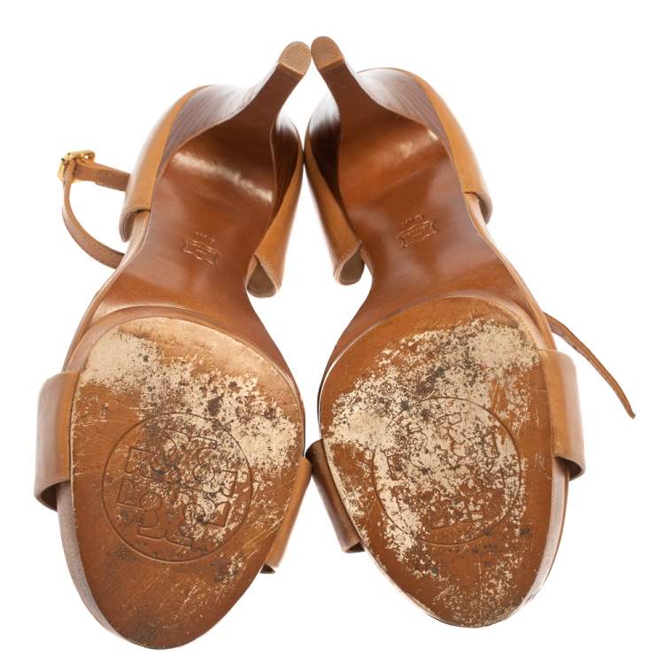 Pre Owned Tory Burch Brown Leather Ankle Strap Sandals Size 38