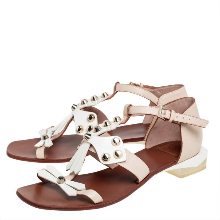 Pre Owned Tory Burch White/Beige Leather Studded Strap Flat Sandals Size 38.5