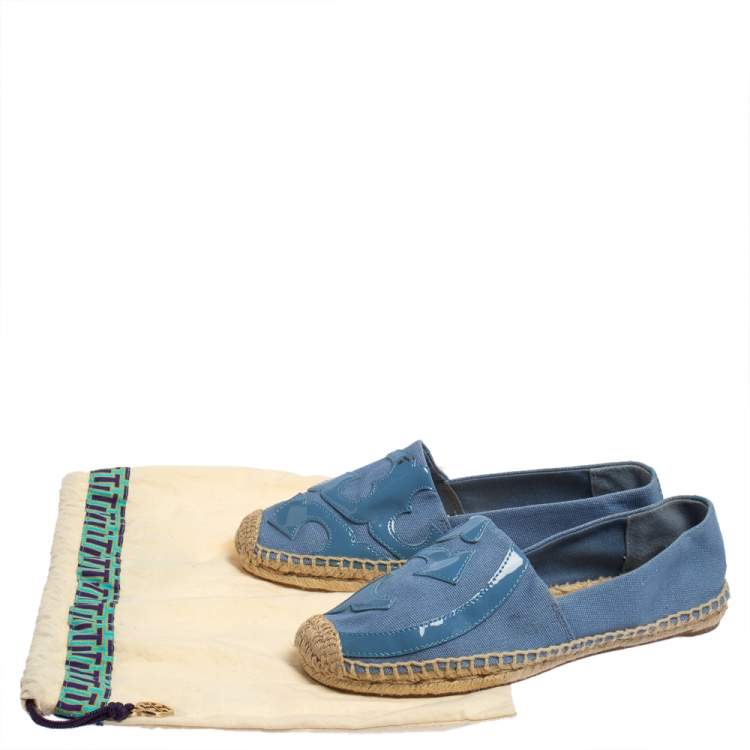 Pre Owned Tory Burch Blue Patent Leather And Canvas Espadrille Flats Size 38.5