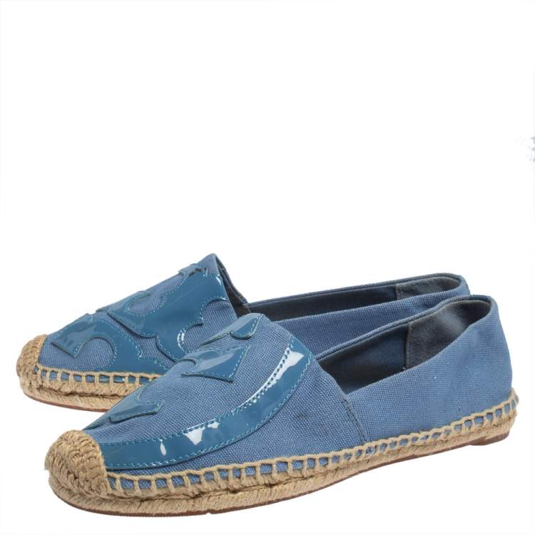 Pre Owned Tory Burch Blue Patent Leather And Canvas Espadrille Flats Size 38.5