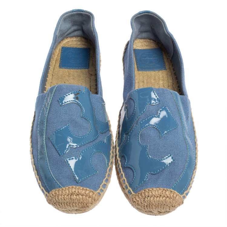 Pre Owned Tory Burch Blue Patent Leather And Canvas Espadrille Flats Size 38.5