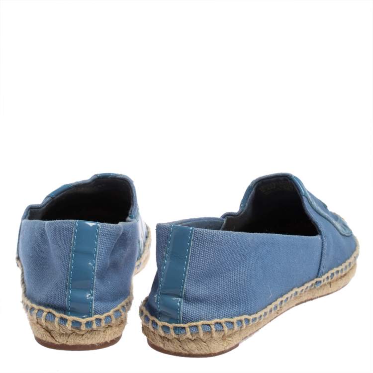 Pre Owned Tory Burch Blue Patent Leather And Canvas Espadrille Flats Size 38.5