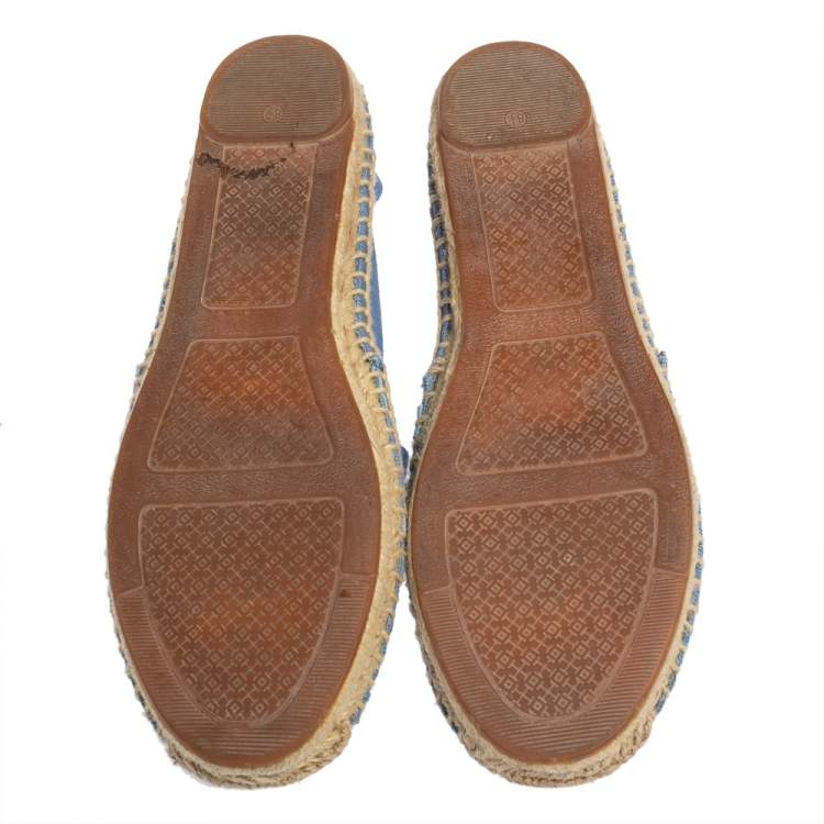 Pre Owned Tory Burch Blue Patent Leather And Canvas Espadrille Flats Size 38.5