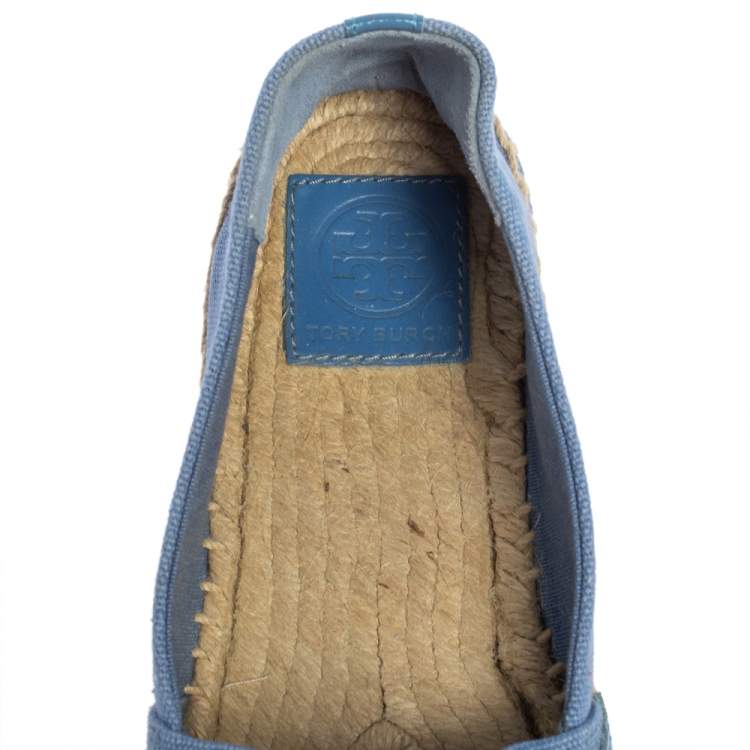 Pre Owned Tory Burch Blue Patent Leather And Canvas Espadrille Flats Size 38.5