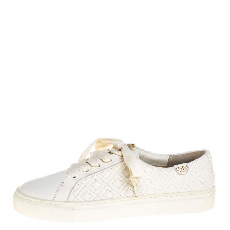 Pre Owned Tory Burch White Marion Quilted Leather Low Top Sneakers Size 38