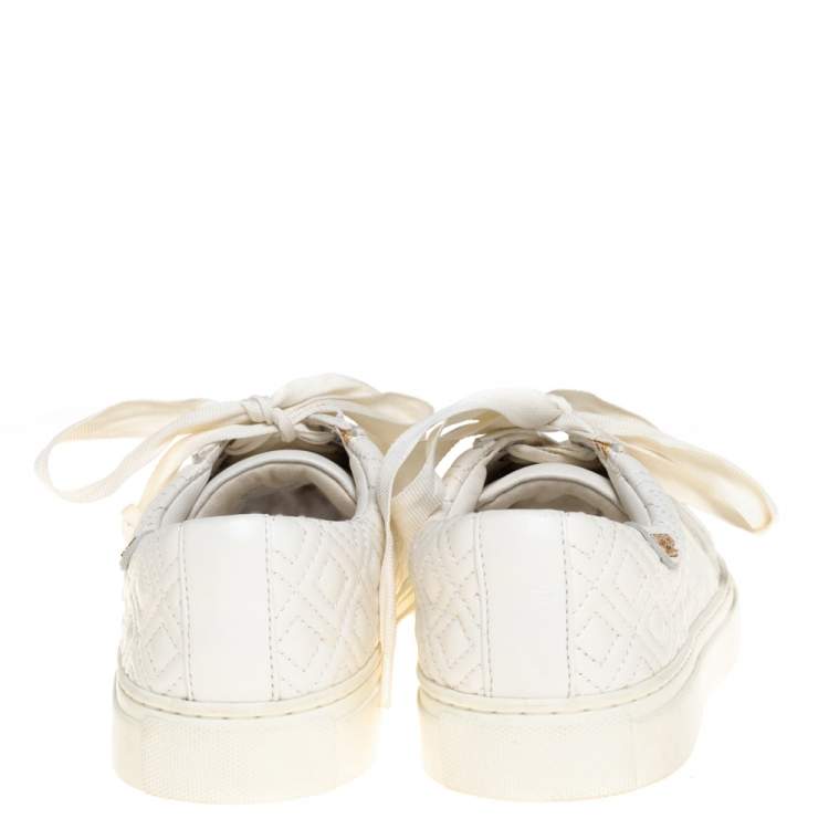 Pre Owned Tory Burch White Marion Quilted Leather Low Top Sneakers Size 38