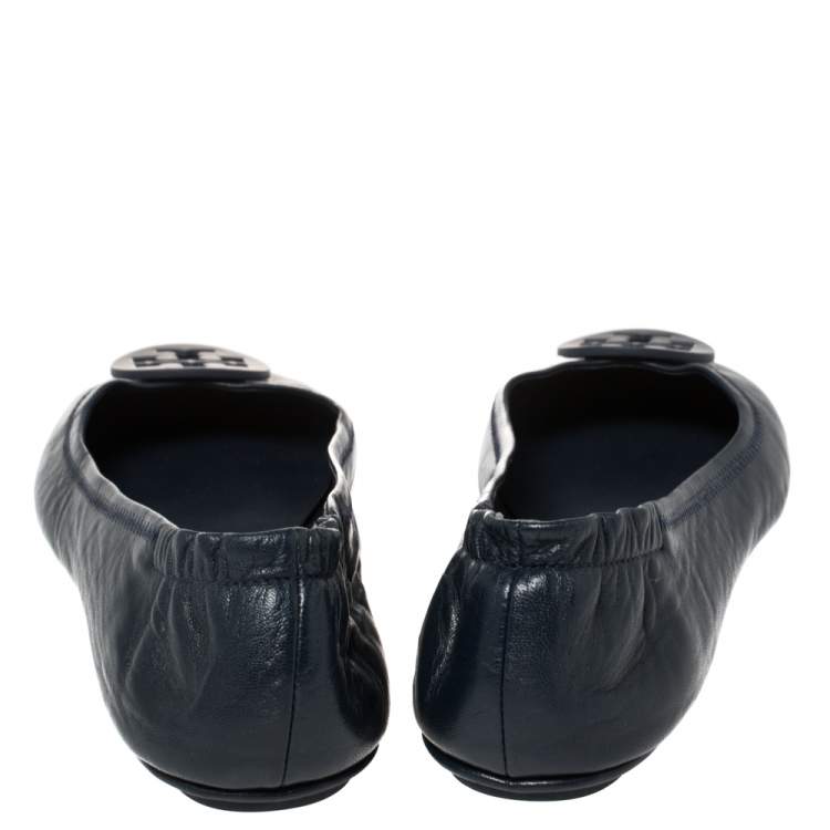 Pre Owned Tory Burch Blue Leather Minnie Scrunch Ballet Flats Size 40.5