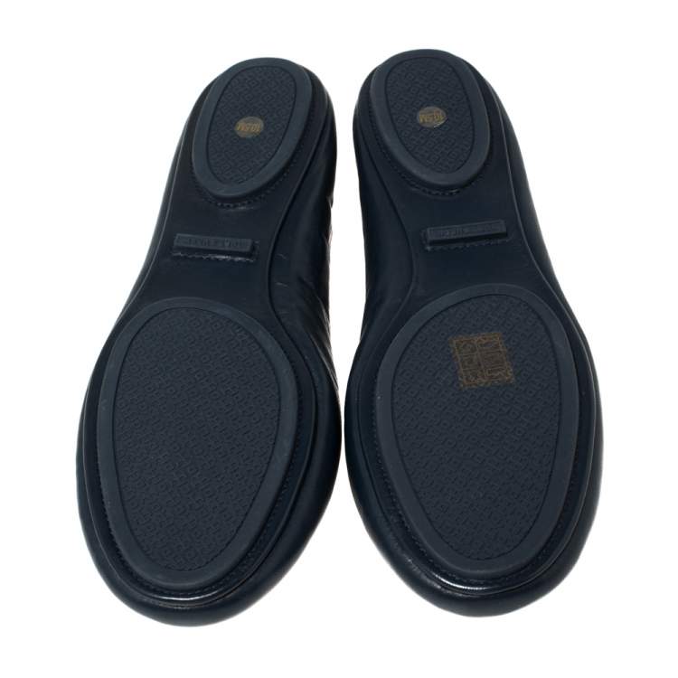 Pre Owned Tory Burch Blue Leather Minnie Scrunch Ballet Flats Size 40.5
