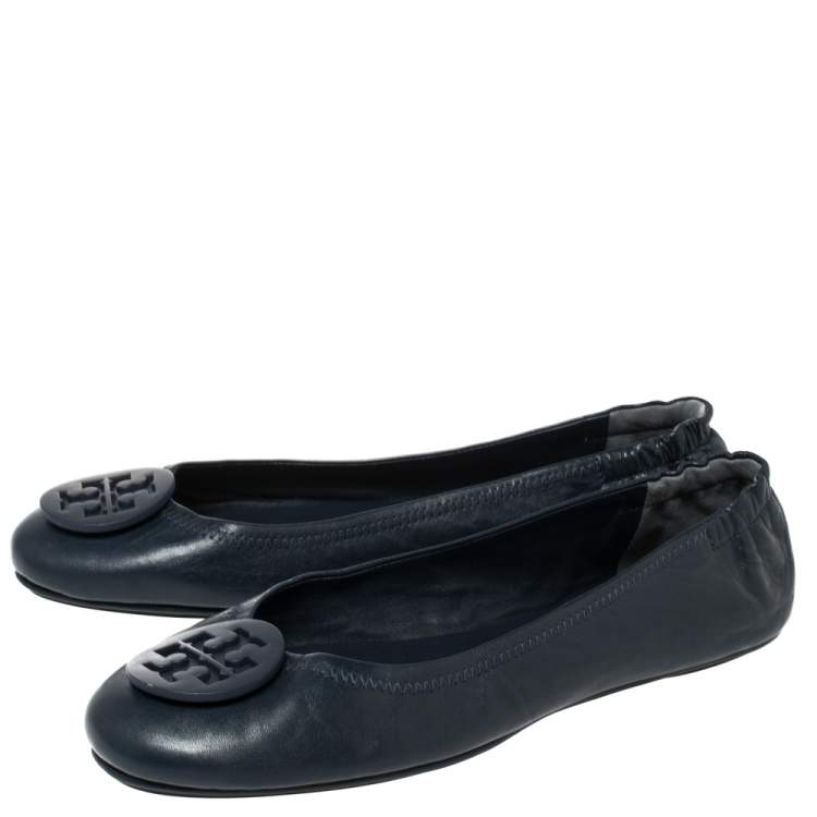 Pre Owned Tory Burch Blue Leather Minnie Scrunch Ballet Flats Size 40.5