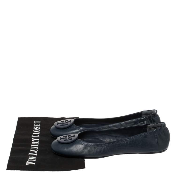 Pre Owned Tory Burch Blue Leather Minnie Scrunch Ballet Flats Size 40.5