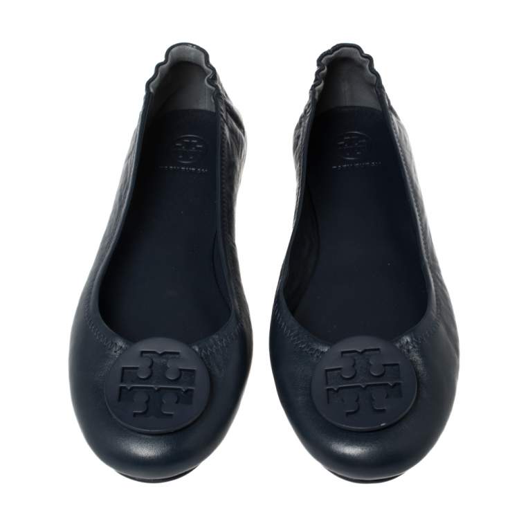 Pre Owned Tory Burch Blue Leather Minnie Scrunch Ballet Flats Size 40.5