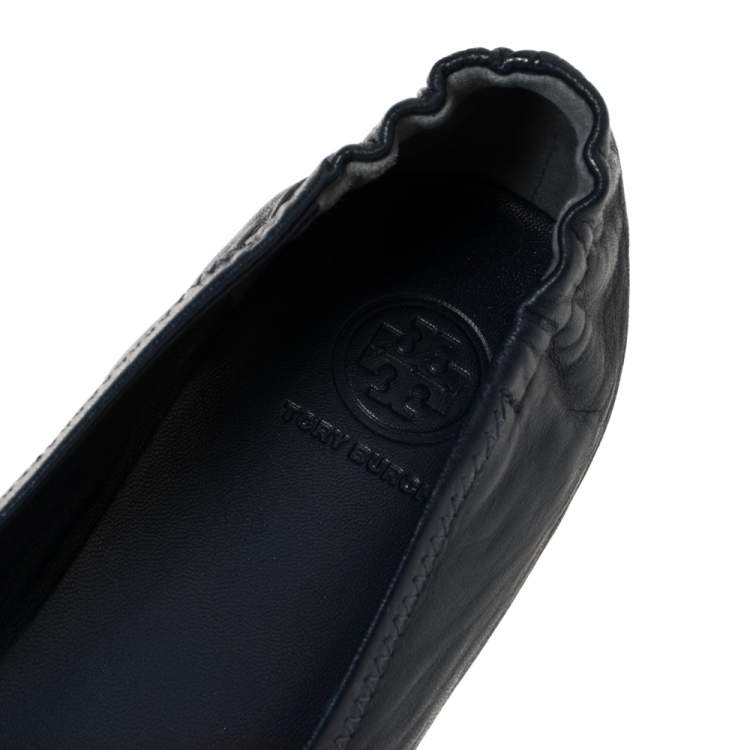 Pre Owned Tory Burch Blue Leather Minnie Scrunch Ballet Flats Size 40.5