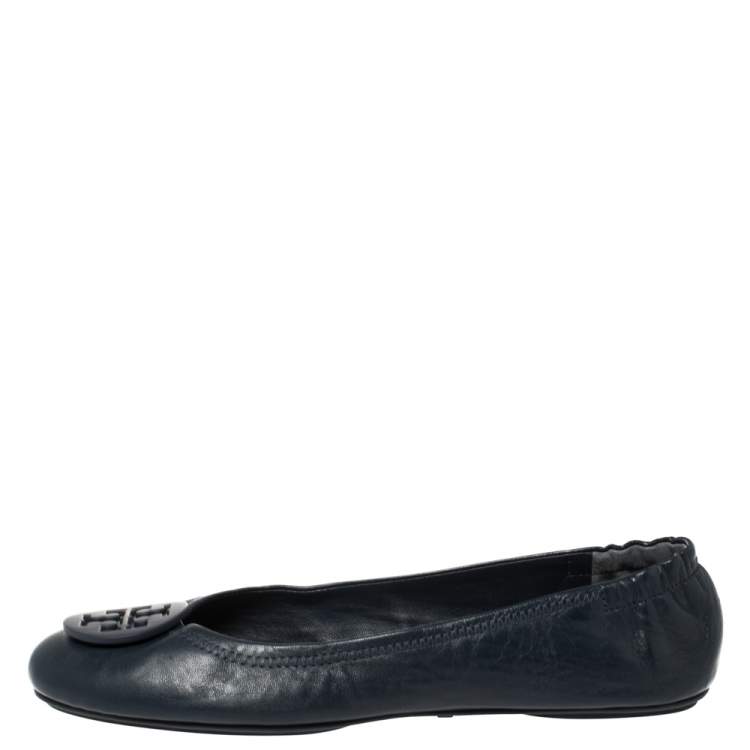 Pre Owned Tory Burch Blue Leather Minnie Scrunch Ballet Flats Size 40.5