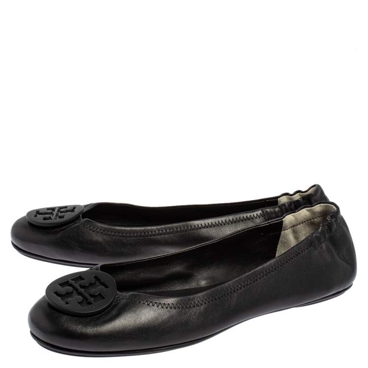 Pre Owned Tory Burch Black Leather Minnie Scrunch Ballet Flats Size 41