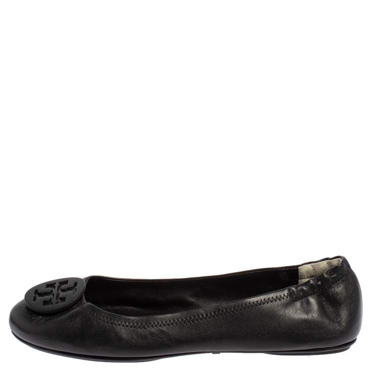 Pre Owned Tory Burch Black Leather Minnie Scrunch Ballet Flats Size 41