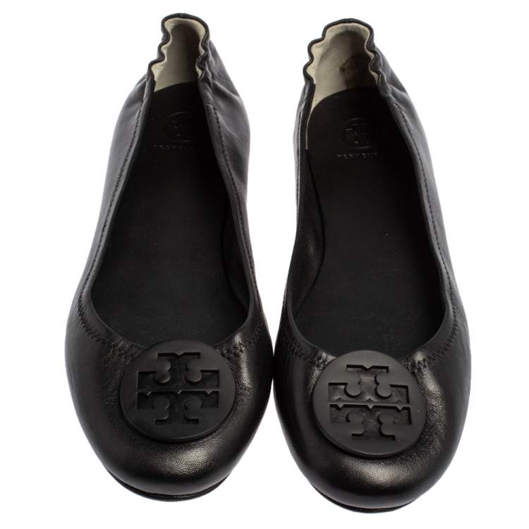 Pre Owned Tory Burch Black Leather Minnie Scrunch Ballet Flats Size 41