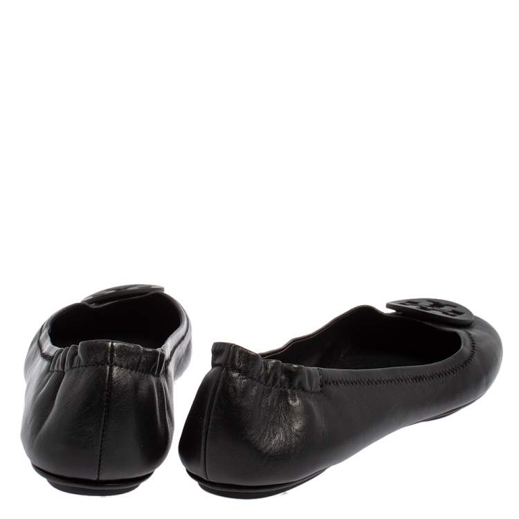Pre Owned Tory Burch Black Leather Minnie Scrunch Ballet Flats Size 41