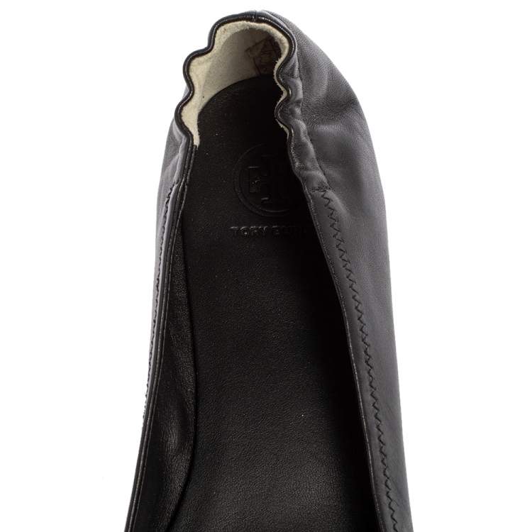 Pre Owned Tory Burch Black Leather Minnie Scrunch Ballet Flats Size 41