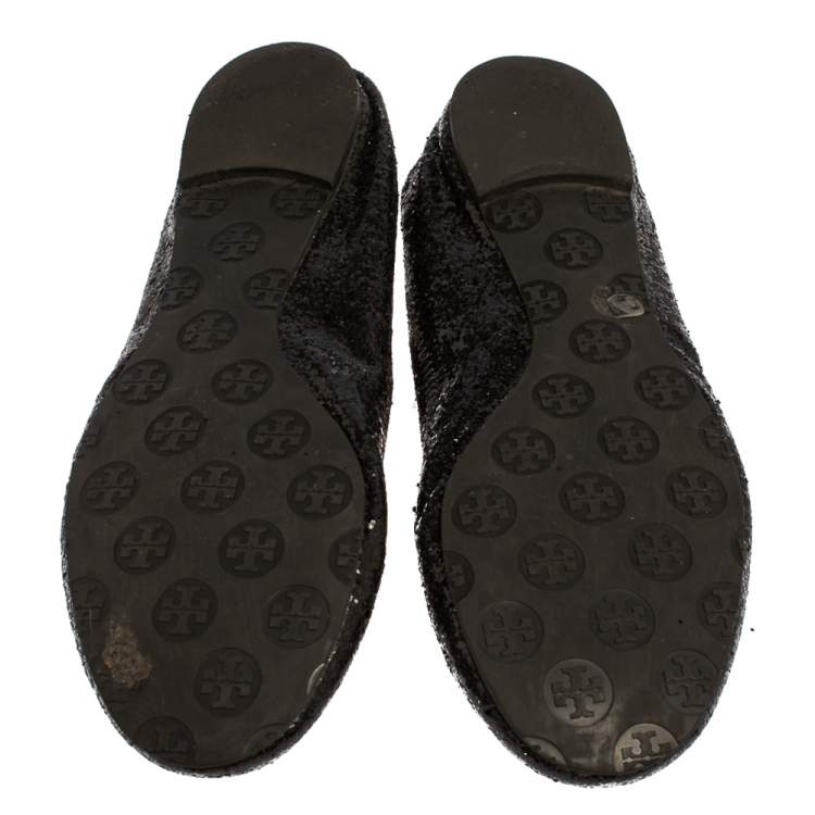 مملوكة مسبقًا Tory Burch Black Glitter Logo Ballet Flats Size 41