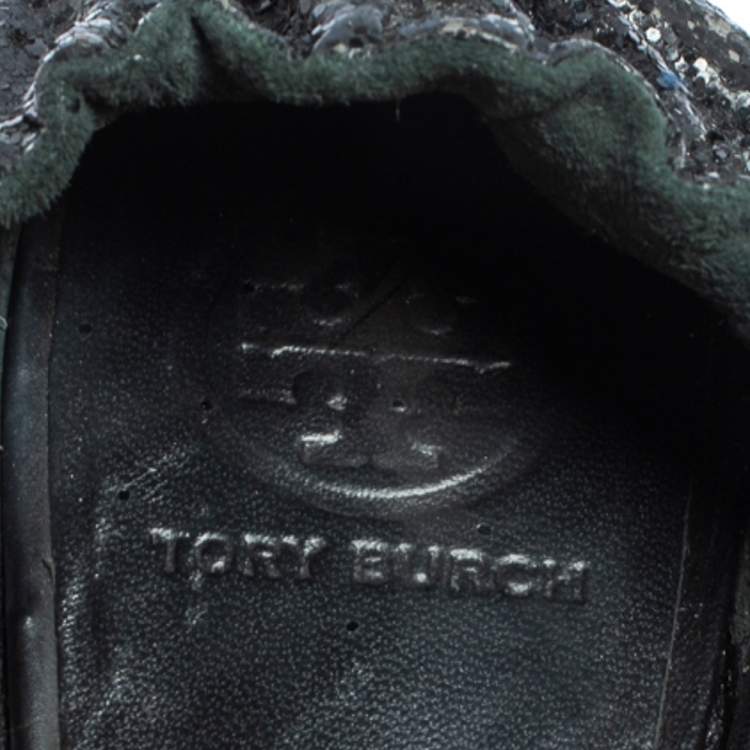 مملوكة مسبقًا Tory Burch Black Glitter Logo Ballet Flats Size 41