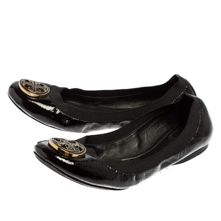 Pre Owned Tory Burch Black Patent Leather Scrunch Flats Size 41