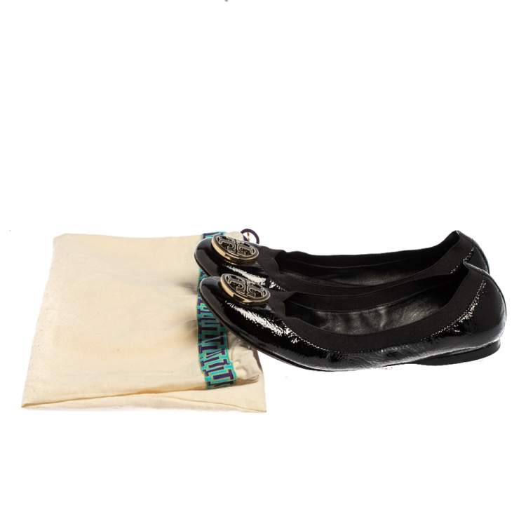 Pre Owned Tory Burch Black Patent Leather Scrunch Flats Size 41