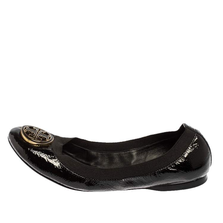 Pre Owned Tory Burch Black Patent Leather Scrunch Flats Size 41