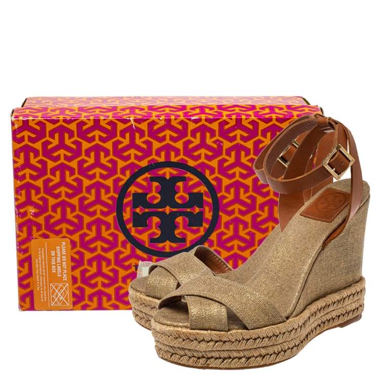 Pre Owned Tory Burch Gold Canvas Espadrille Wedge Sandals Size 38