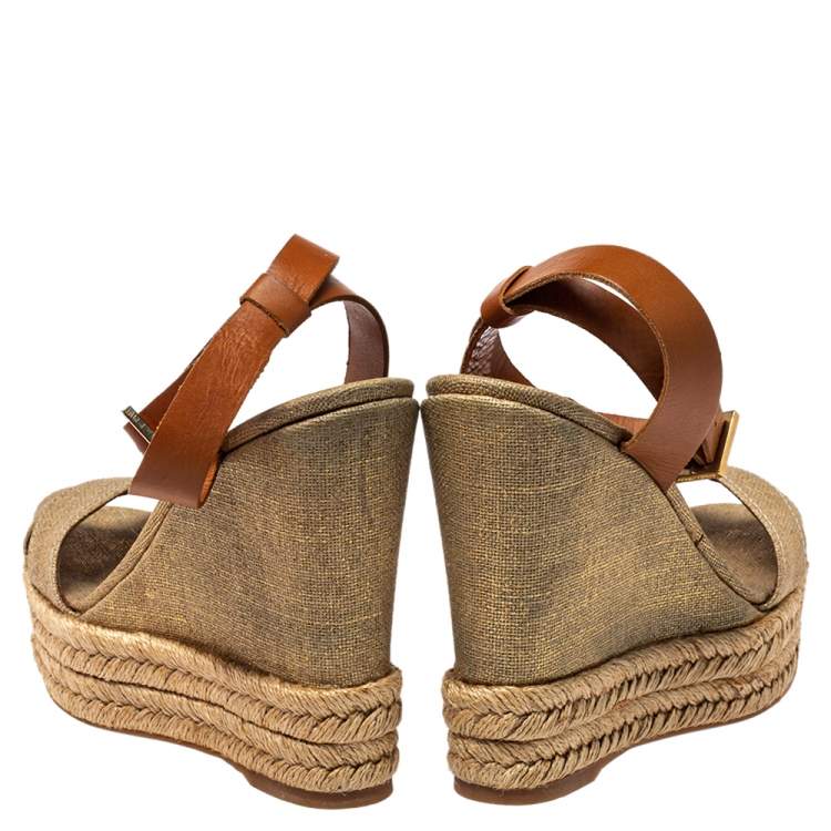 Pre Owned Tory Burch Gold Canvas Espadrille Wedge Sandals Size 38