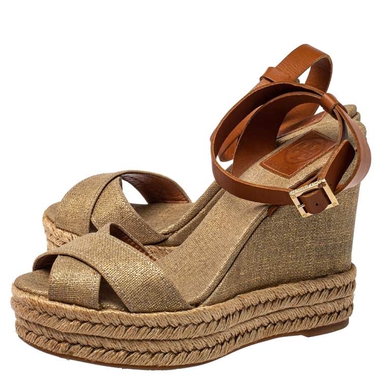 Pre Owned Tory Burch Gold Canvas Espadrille Wedge Sandals Size 38