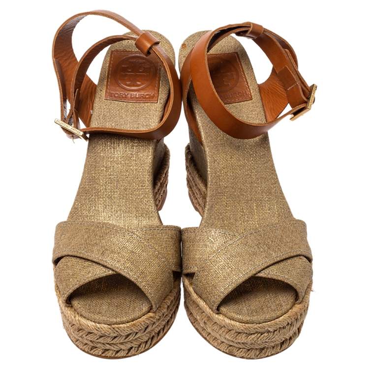 Pre Owned Tory Burch Gold Canvas Espadrille Wedge Sandals Size 38