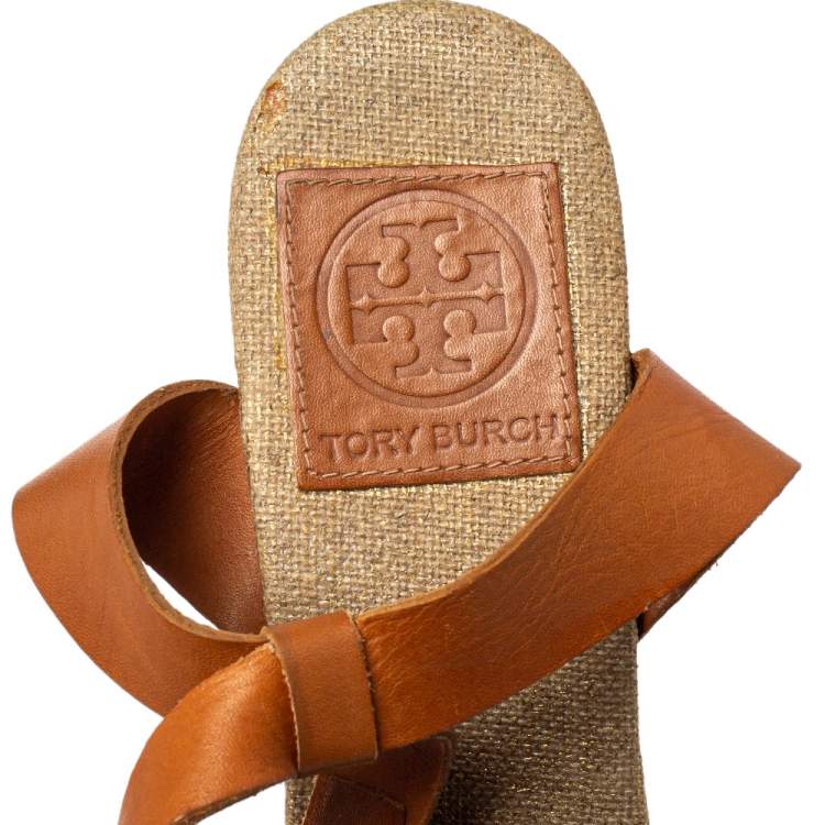 Pre Owned Tory Burch Gold Canvas Espadrille Wedge Sandals Size 38