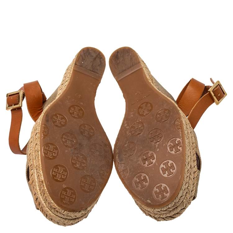 Pre Owned Tory Burch Gold Canvas Espadrille Wedge Sandals Size 38