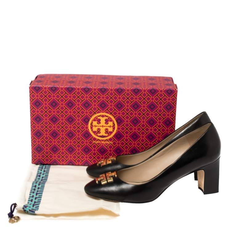 Pre Owned Tory Burch Black Leather Raleigh Block Heel Pumps Size 40
