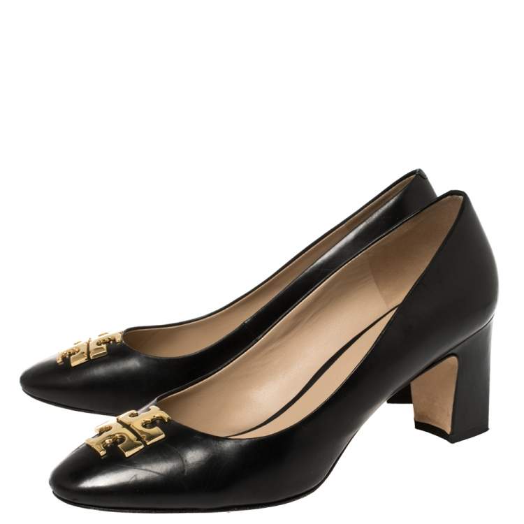 Pre Owned Tory Burch Black Leather Raleigh Block Heel Pumps Size 40