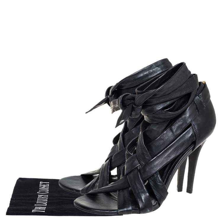 Pre Owned Tory Burch Black Leather Criss Cross Ankle Wrap Sandals Size 39.5