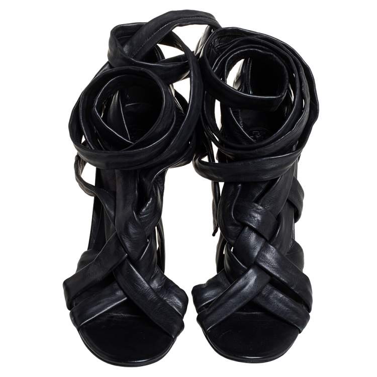 Pre Owned Tory Burch Black Leather Criss Cross Ankle Wrap Sandals Size 39.5