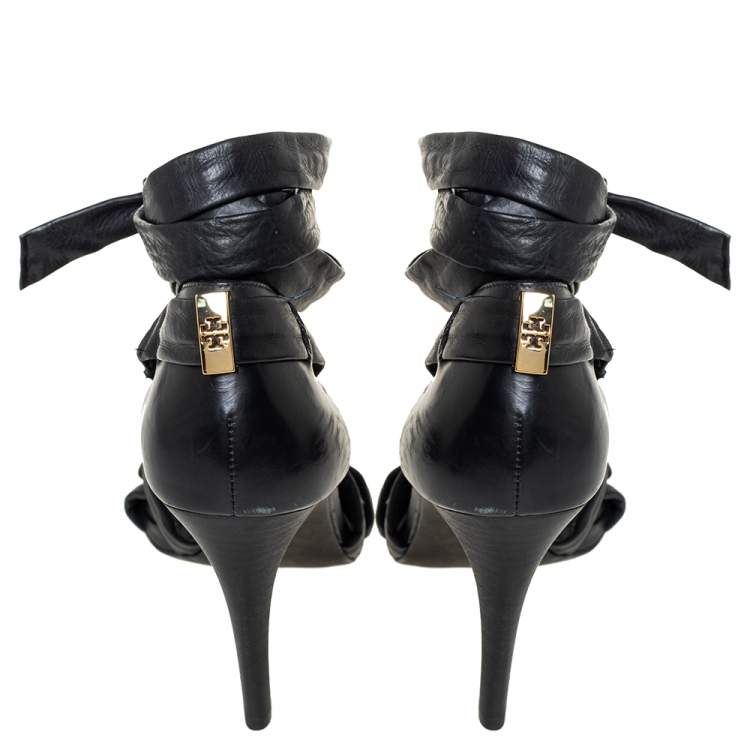 Pre Owned Tory Burch Black Leather Criss Cross Ankle Wrap Sandals Size 39.5