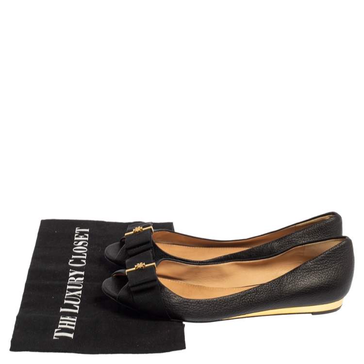 Pre Owned Tory Burch Black Leather Peep Toe Bow Flats Size 39