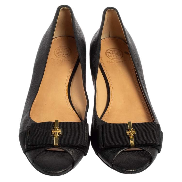 Pre Owned Tory Burch Black Leather Peep Toe Bow Flats Size 39